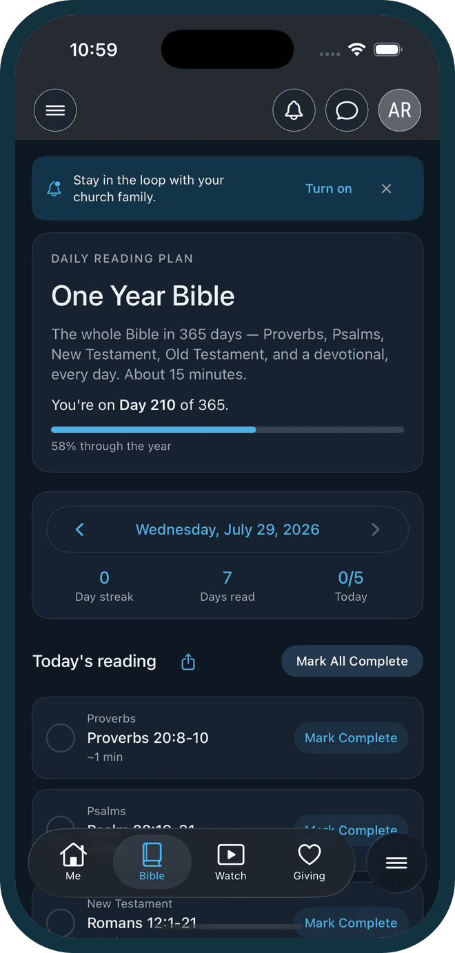 The One Hope app showing the One Year Bible reading plan, day 210 of 365